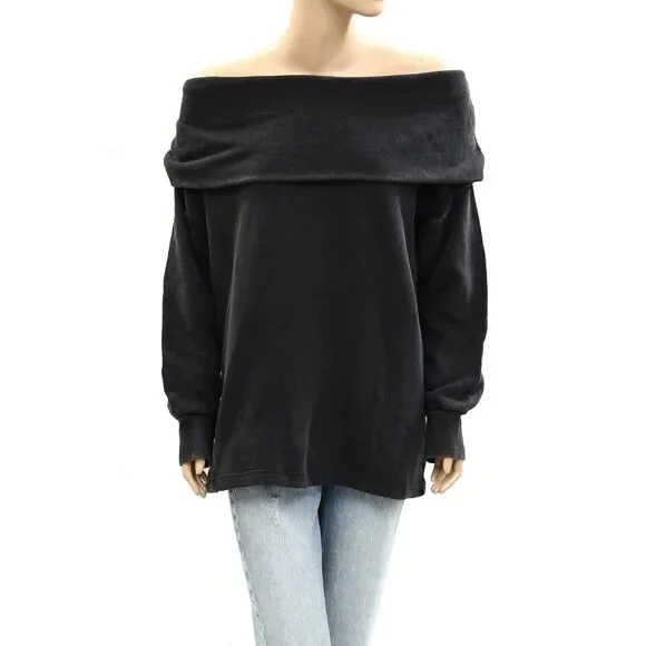 Free People Off Chill Sweatshirt Tunic Top Off Shoulder Longline Fit L 284539